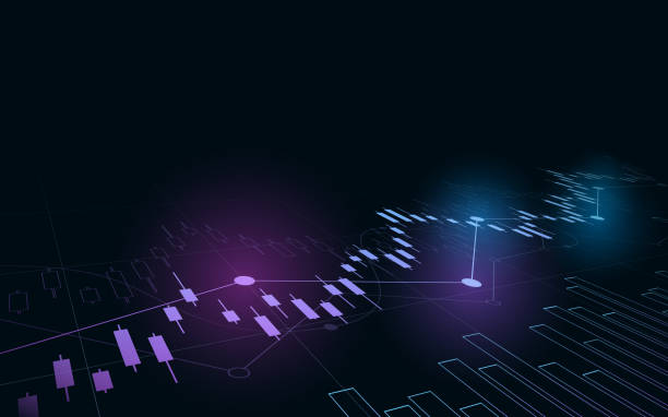 wykres finansowy z przesuwając się w górę wykres giełdowy w neonowym tle koloru światła - financial occupation graph chart blue stock illustrations