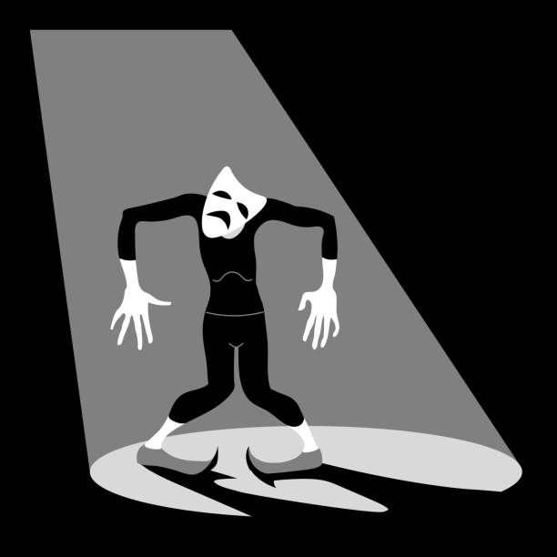 tanzender schauspieler in strumpfhosen auf der bühne unter einem scheinwerfer in einer theatralischen maske der tragödie. einsamkeitskonzept. - clown mime sadness depression stock-grafiken, -clipart, -cartoons und -symbole