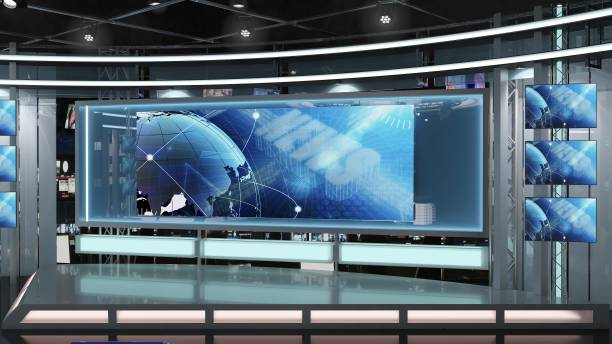 istock Virtual TV Studio News Set 1.2-12 Green screen background. 3d Rendering. 1292610518