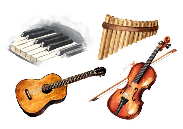 istock Musical instruments set. Piano keys, violin, guitar, Pan Flute or panpipe. Hand drawn watercolor illustration isolated on white background 1292612829
