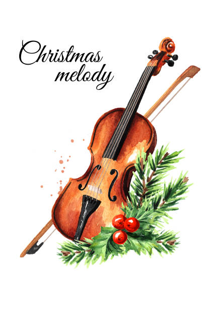 illustrations, cliparts, dessins animés et icônes de violon brun en bois rétro avec l’instrument de corde de musique d’arc, chanson d’hiver, concept de mélodie de noël. concept de chanson d’hiver. illustration dessinée à la main d’aquarelle d’isolement sur le fond blanc - musical instrument string illustrations