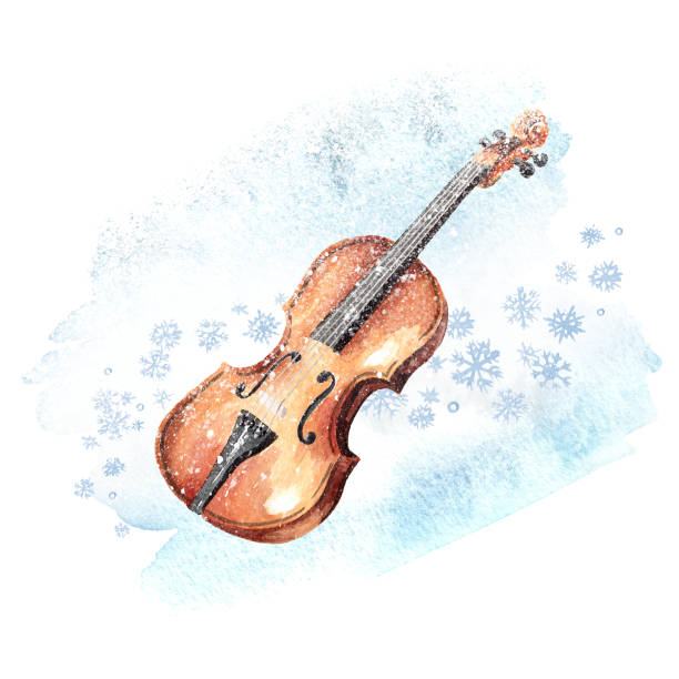 illustrations, cliparts, dessins animés et icônes de violon brun en bois rétro avec instrument de corde de musique d’arc et flocons de neige. concept de chanson d’hiver. illustration dessinée à la main d’aquarelle d’isolement sur le fond blanc - musical instrument string illustrations