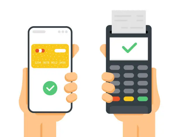 Vector illustration of Payment with Terminal. Mobile Phone and Terminal. Bank Transaction. Mobile Payment. Isolated on White Background. Vector Illustration