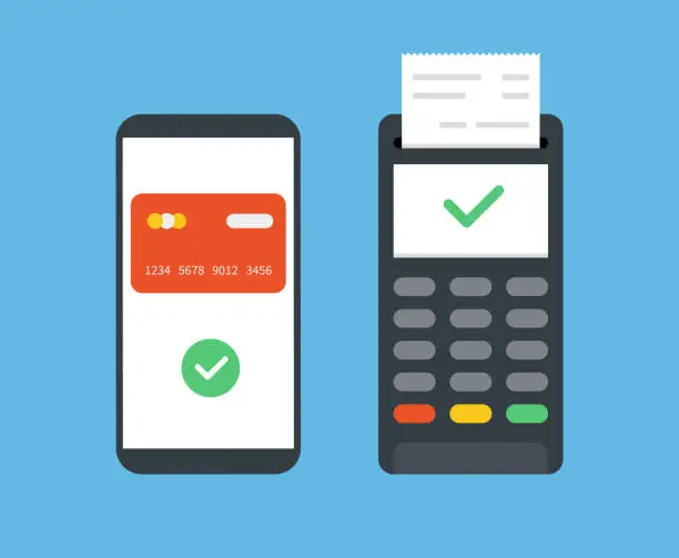 Vector illustration of Payment with Terminal. Mobile Phone and Terminal. Bank Transaction. Mobile Payment. Isolated on White Background. Vector Illustration