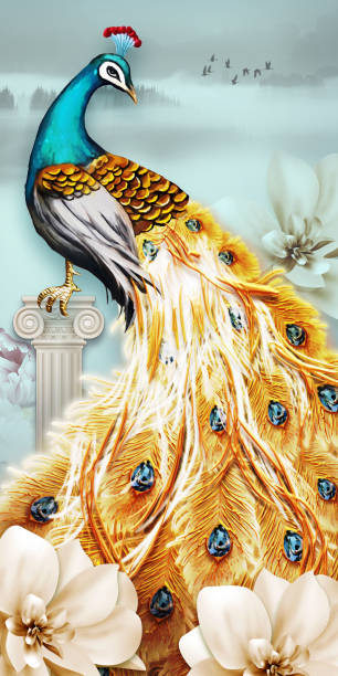 3d mural art peacock with golden flowers and classic background .