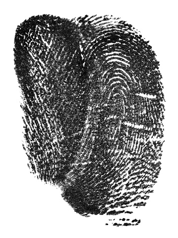 Black fingerprint isolated on a white background, top view. Police fingerprints. Black ink fingerprint.