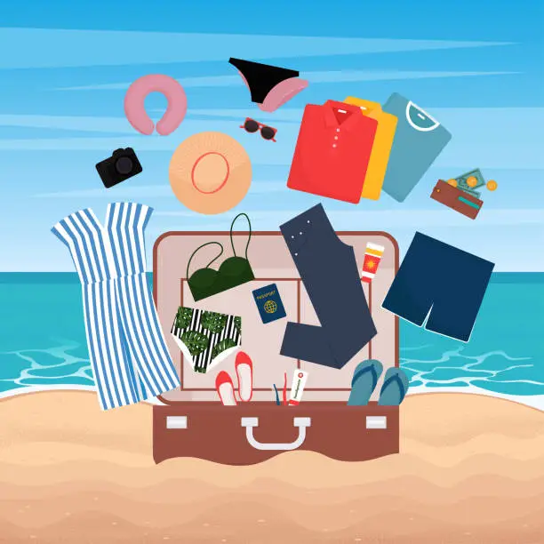 Vector illustration of Open baggage with clothes and travel objects on the beach background. Cute vector illustration in flat style