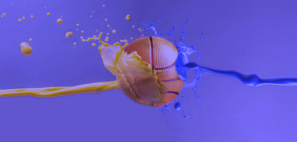 istock Basketball ball with yellow and blue paint splashes 1292627505