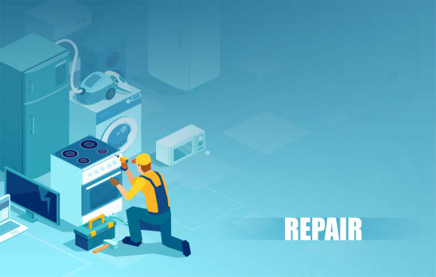 вектор удобного человека, ремонтируемого бытовую технику - repairing appliance clothes washer repairman stock illustrations