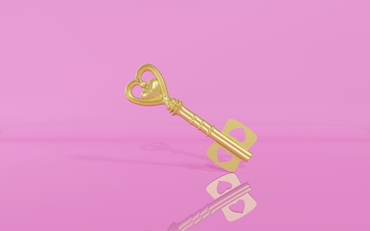 Valentine's Day greeting card with old heart shaped metal key on pink background. Easy to crop for all your social media and print needs. Valentines day, security, love and romance concepts.