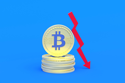 Coin of cryptocurrency bitcoin near red arrow pointing down on blue background. Falling in rate exchange, demand and popularity of virtual currency. Decrease in profit. e-money concept. 3d rendering