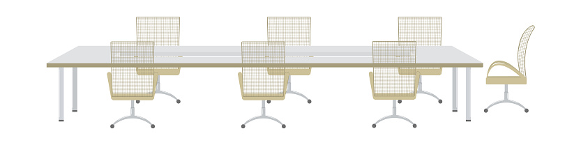 Meeting room in Bank or insurance company. Furniture for office in modern style. Long table and rolling mesh back managers chair for business meeting. Furnishings for negotiations.Vector