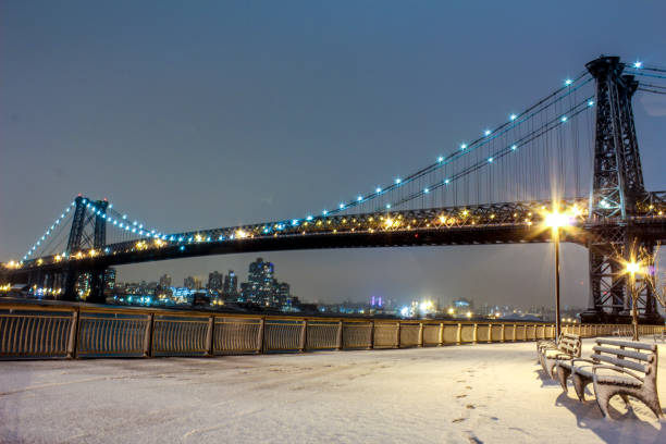 East River Park Promenade in the winter Evening walk in the East River Park at the Williamsburg Bridge by night after snow fall williamsburg bridge photos stock pictures, royalty-free photos & images