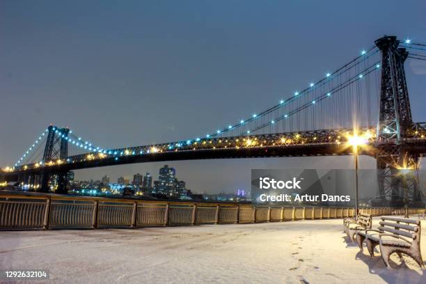 East River Park Promenade In The Winter Stock Photo - Download Image Now - Night, New York City, Snow