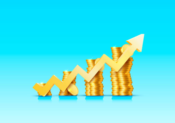 istock Stacks of increasing arrow coins gold coins on blue background. Vector 1292632192