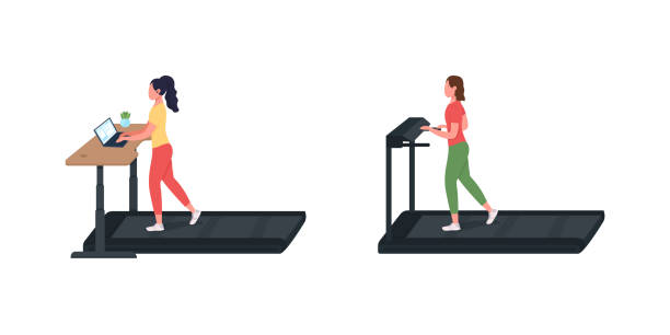 Sport training working woman flat color vector faceless character set Sport training working woman flat color vector faceless character set. Healthy employee. Treadmill for cardio exercise isolated cartoon illustration for web graphic design and animation collection treadmill stock illustrations