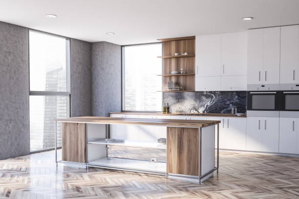istock White and gray kitchen corner with cabinets and island 1292637069