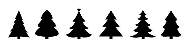 Christmas tree collection. Black silhouettes. Fir and pine trees. Decoration elements. Isolated on white
