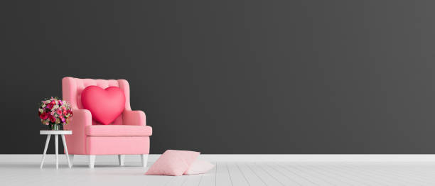 istock Red heart on pink armchair, mock up minimal interior design 3d render 1292638149