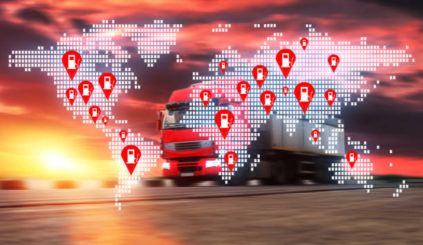 istock Container truck on the highway with digital dotted map and gas station location. Navigation road map  fuel gas station. Blurred background 1292639059