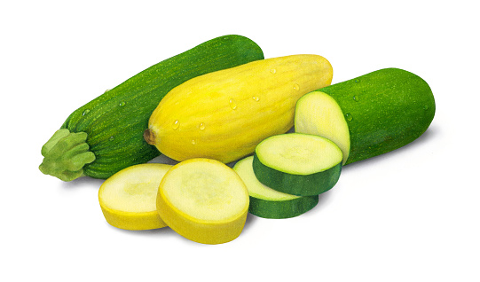 An illustration of whole zucchini and yellow squash, with slices on the right side.