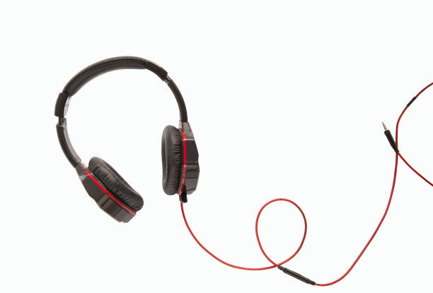 istock Black large headphones with red wire, insulated 1292642348