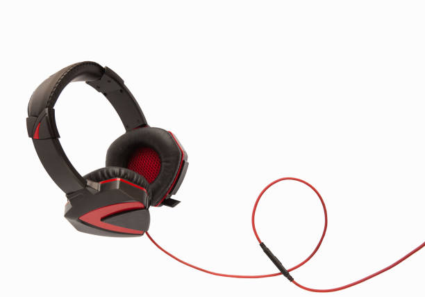istock Black large headphones with red wire, insulated 1292642363