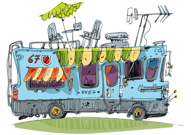 ilustraciones, imágenes clip art, dibujos animados e iconos de stock de un dibujo de furgoneta camper - mobile home audio
