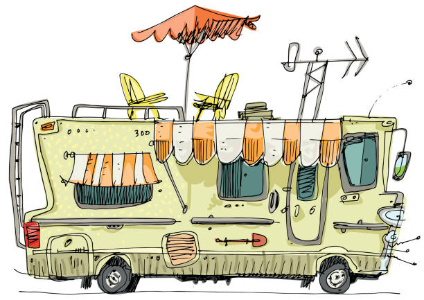 ilustraciones, imágenes clip art, dibujos animados e iconos de stock de un dibujo de furgoneta camper - mobile home audio
