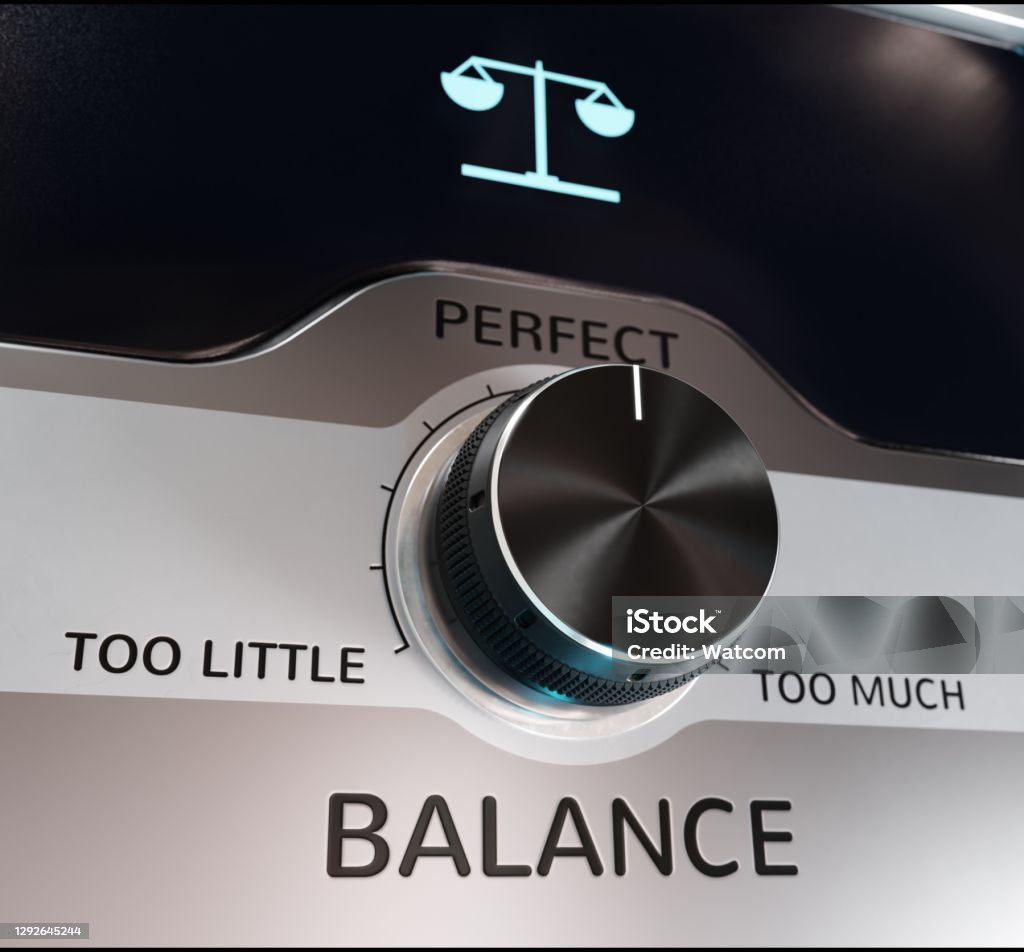 Balance Knob A Knob Labeled "Balance" Set in the Middle as "Perfect" Goldilocks And The Three Bears Stock Photo
