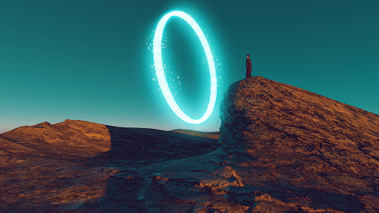 Digitally generated image of man standing in front of neon portal. Concept of chosing the right path.
