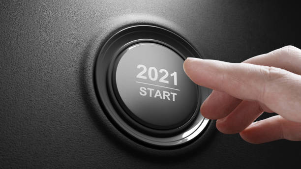 2021 - press the start button. concept of the new year. 3d illustration - year 2002 imagens e fotografias de stock