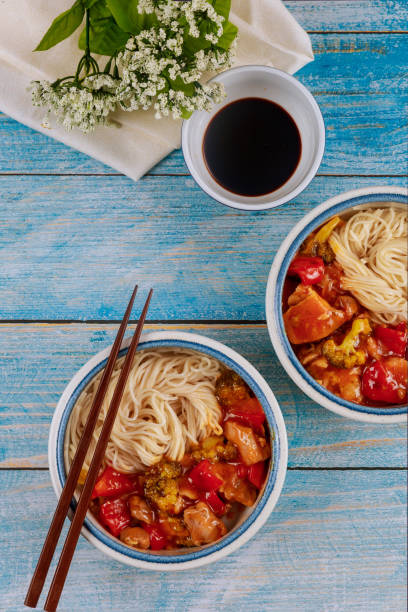 istock Stir fried chicken and vegetables with noodles in a bowl. 1292651919