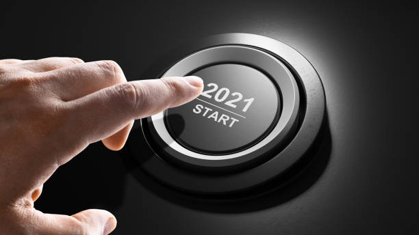 2021 - press the start button. concept of the new year. 3d illustration - year 2002 imagens e fotografias de stock