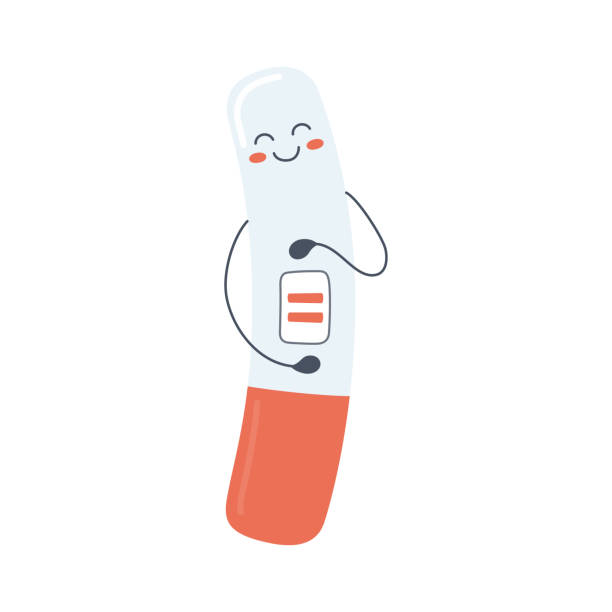 Happy pregnancy test with positive result as a two lines. Planning a baby. Isolated vector illustration Happy pregnancy test with positive result as a two lines. Planning a baby. Isolated vector illustration on white background hcg stock illustrations