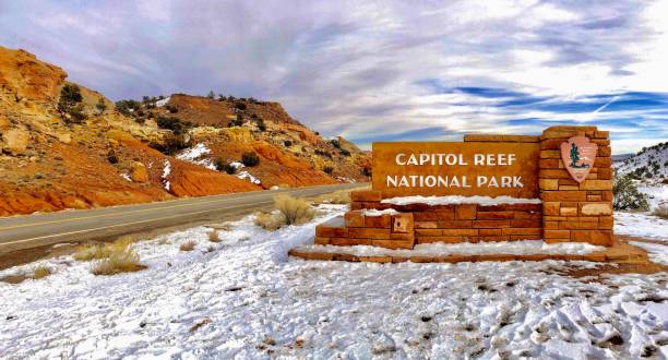 Capitol Reef National Park Sign View of the Capitol Reef National Park sign in the winter. capitol reef national park stock pictures, royalty-free photos & images
