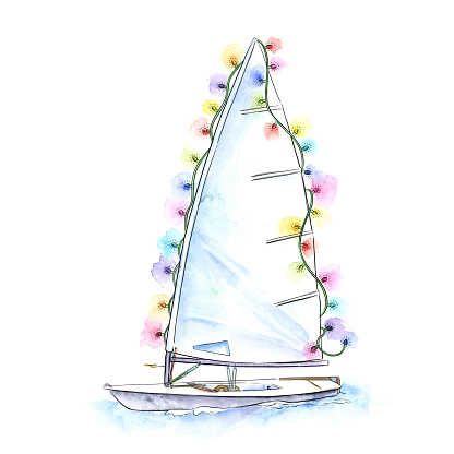 A vector ink drawing of a cute, small sailboat dinghy decorated with Christmas lights. Vector EPS10 Illustration.