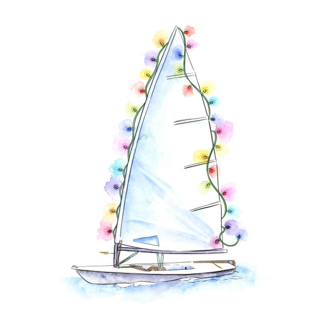 Small Sailing Dinghy with Christmas Lights. Vector EPS10 Ink Drawing Illustration A vector ink drawing of a cute, small sailboat dinghy decorated with Christmas lights. Vector EPS10 Illustration. sail boat clipart pictures stock illustrations