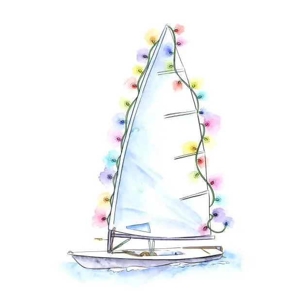 Vector illustration of Small Sailing Dinghy with Christmas Lights. Vector EPS10 Ink Drawing Illustration