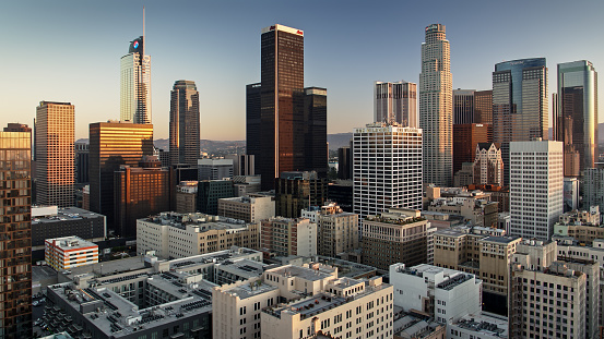 Drone shot of Downtown Los Angeles on a clear and sunny morning.