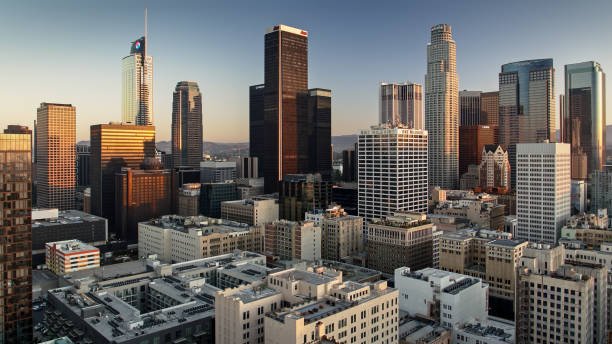 DTLA at Sunrise - Aerial Drone shot of Downtown Los Angeles on a clear and sunny morning. los angeles aerial stock pictures, royalty-free photos & images
