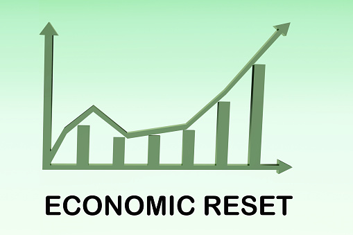 3D illustration of ECONOMIC RESET title above a column bar graph, isolated over green gradient as background.