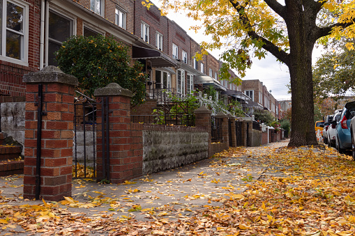 A row of old brick homes along an empty sidewalk with colorful fallen autumn leaves in Astoria Queens New York