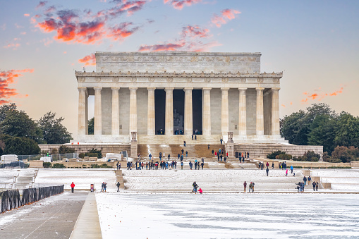 Lincoln memorial and pool at winter sunset, Washington DC, USA