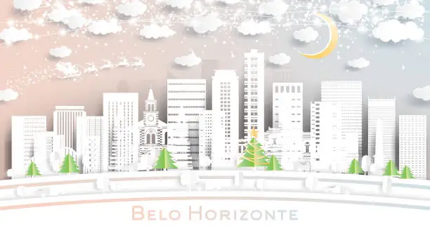 Vector illustration of Belo Horizonte Brazil City Skyline in Paper Cut Style with Snowflakes, Moon and Neon Garland.