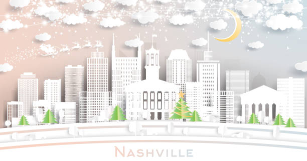 Nashville Tennessee USA City Skyline in Paper Cut Style with Snowflakes, Moon and Neon Garland. Nashville Tennessee USA City Skyline in Paper Cut Style with Snowflakes, Moon and Neon Garland. Vector Illustration. Christmas and New Year Concept. Santa Claus on Sleigh. nashville stock illustrations