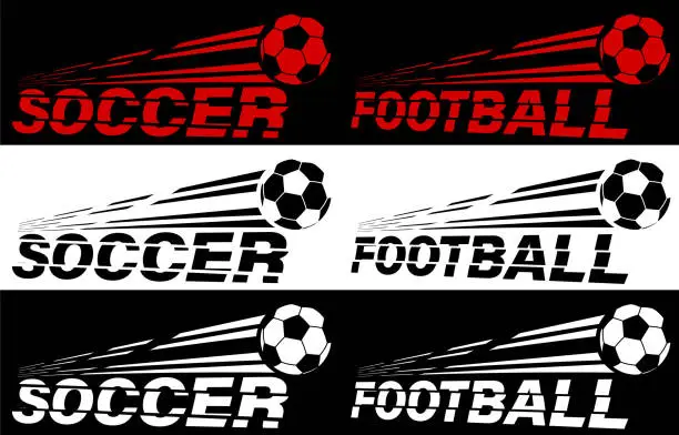 Vector illustration of soccer, football lettering broken by flying soccer ball. Sport equipment. Active lifestyle. Vector
