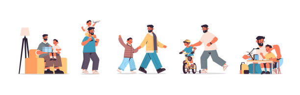 set father spending time with little son parenting fatherhood friendly family concept dad having fun with his kid set father spending time with little son parenting fatherhood friendly family concept dad having fun with his kid full length horizontal vector illustration father kid stock illustrations
