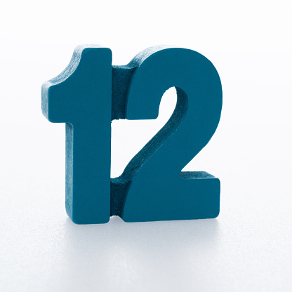Wooden number 12 on white background.
