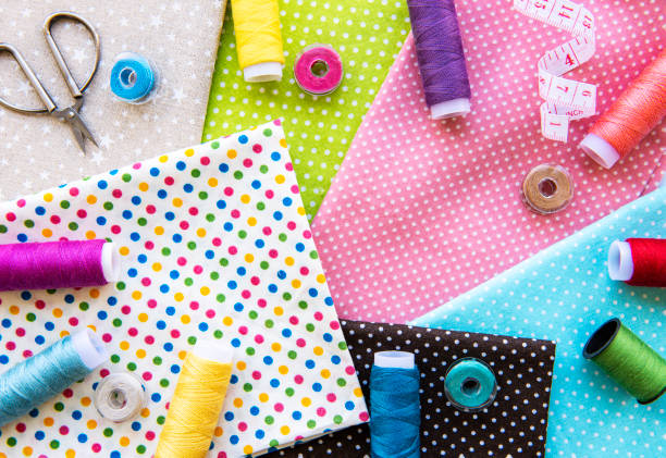 istock Sewing accessories and fabric. Top view, flat lay. 1292681909
